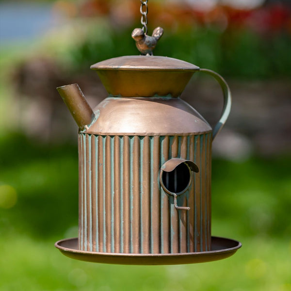 Hanging Antique Copper Teapot Birdhouse & Feeders