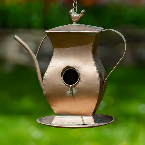Hanging Antique Copper Teapot Birdhouse & Feeders