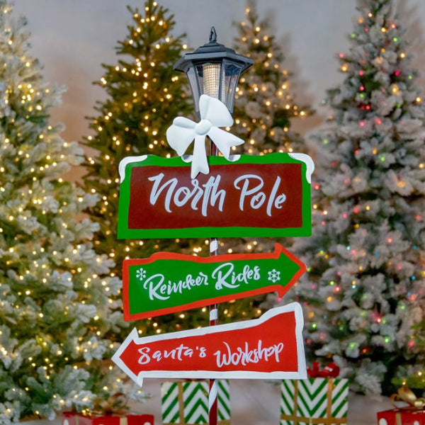 Standing "North Pole" Solar Lantern with Crossing Signs