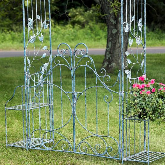 Garden Gate Arch with Side Plant Stands Iron Metal | Vineyard Yard Entrance