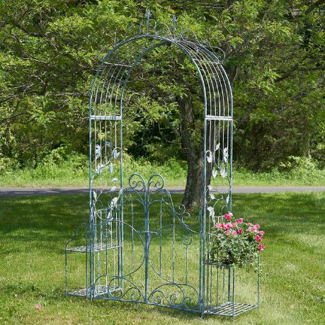 Garden Gate Arch with Side Plant Stands Iron Metal | Vineyard Yard Entrance