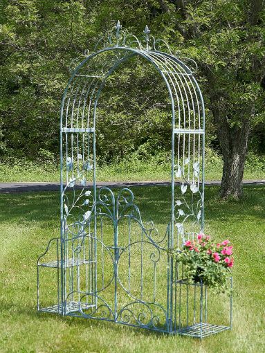 Garden Gate Arch with Side Plant Stands Iron Metal | Vineyard Yard Entrance
