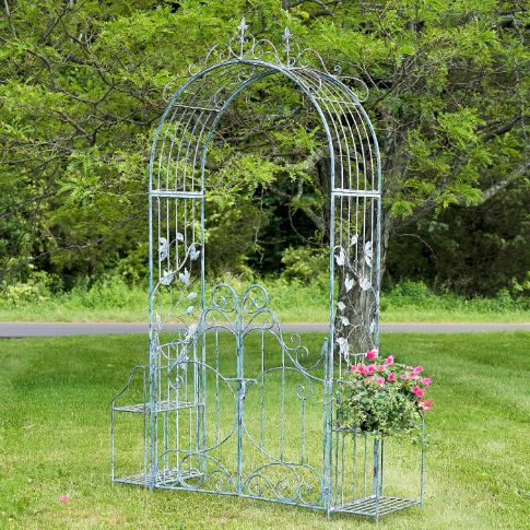 Garden Gate Arch with Side Plant Stands Iron Metal | Vineyard Yard Entrance