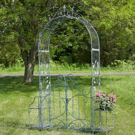 Garden Gate Arch with Side Plant Stands Iron Metal | Vineyard Yard Entrance