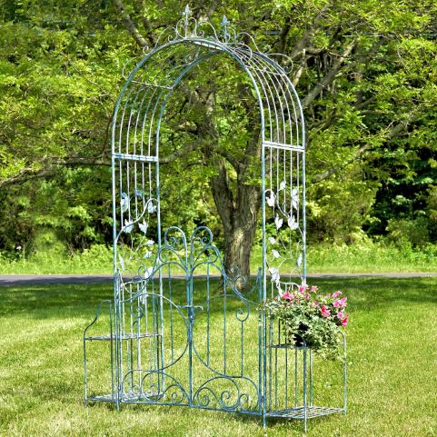 Garden Gate Arch with Side Plant Stands Iron Metal | Vineyard Yard Entrance