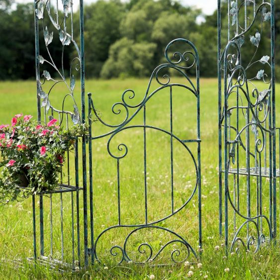 Garden Gate Arch with Side Plant Stands Iron Metal | Vineyard Yard Entrance