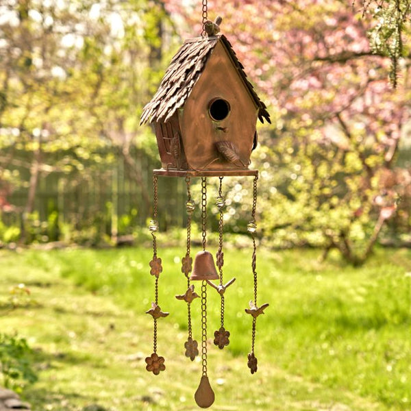 Antique Copper Hanging Birdhouses with Wind Chimes