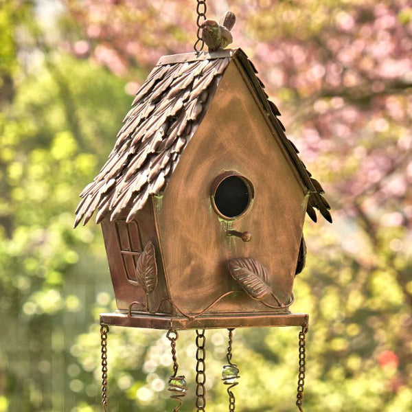 Antique Copper Hanging Birdhouses with Wind Chimes