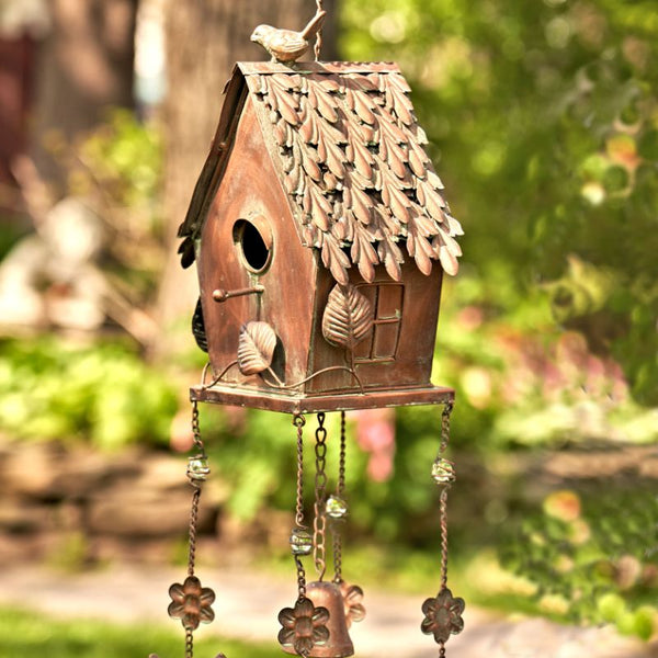 Antique Copper Hanging Birdhouses with Wind Chimes