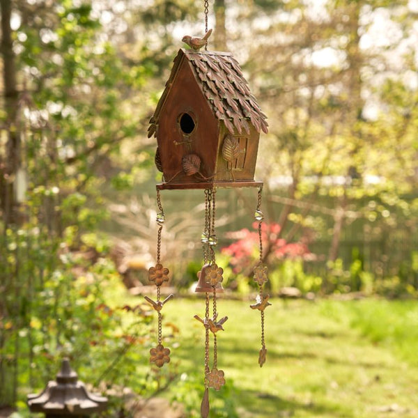 Antique Copper Hanging Birdhouses with Wind Chimes