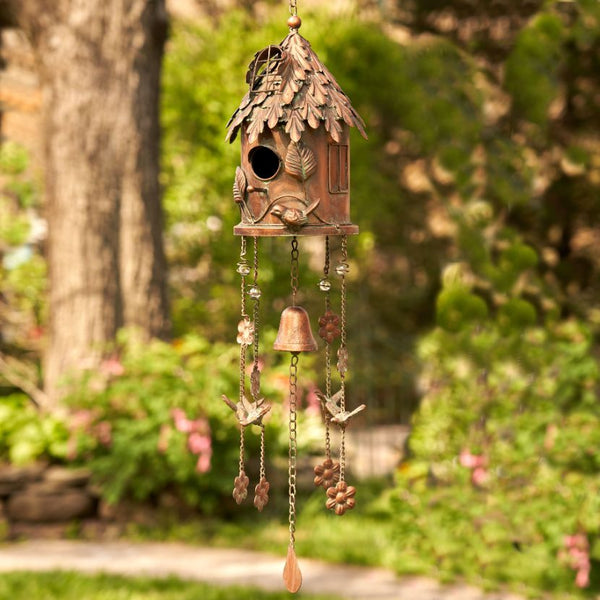 Antique Copper Hanging Birdhouses with Wind Chimes