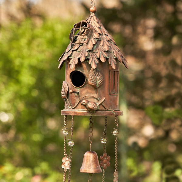 Antique Copper Hanging Birdhouses with Wind Chimes