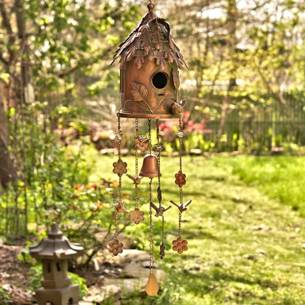 Antique Copper Hanging Birdhouses with Wind Chimes