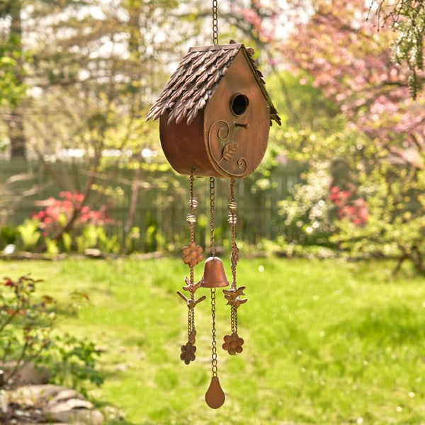 Antique Copper Hanging Birdhouses with Wind Chimes