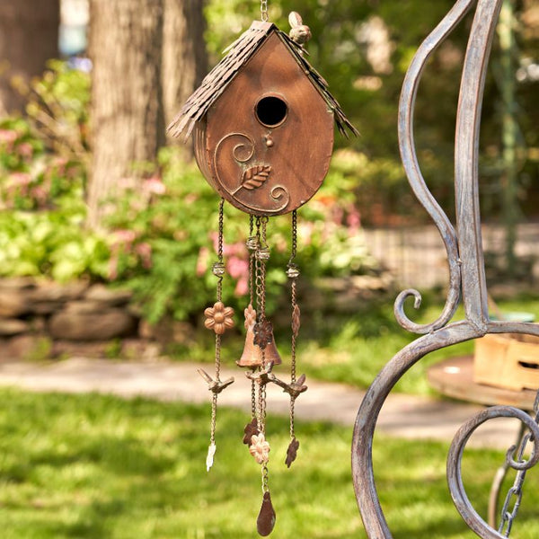 Antique Copper Hanging Birdhouses with Wind Chimes