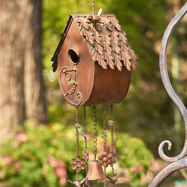 Antique Copper Hanging Birdhouses with Wind Chimes