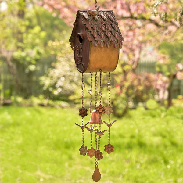 Antique Copper Hanging Birdhouses with Wind Chimes