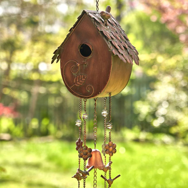 Antique Copper Hanging Birdhouses with Wind Chimes