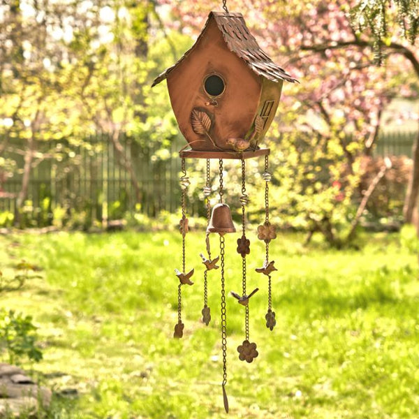 Antique Copper Hanging Birdhouses with Wind Chimes