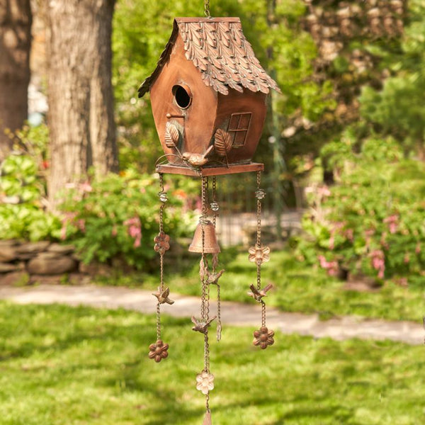 Antique Copper Hanging Birdhouses with Wind Chimes