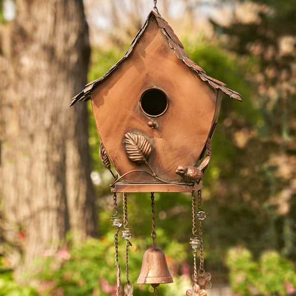 Antique Copper Hanging Birdhouses with Wind Chimes