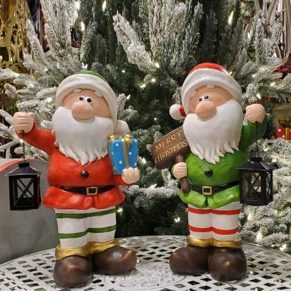 Christmas Gnomes Holding Iron Lanterns Figurines | Set of 2