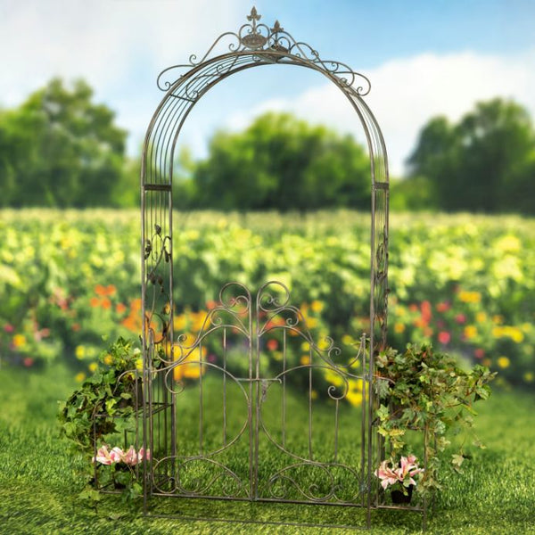 Garden Gate Arch with Side Plant Stands Iron Metal | Vineyard Yard Entrance