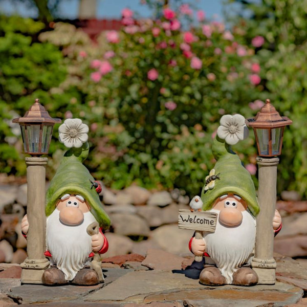Welcome Garden Gnomes with Solar Lantern Light Posts | Set of 2