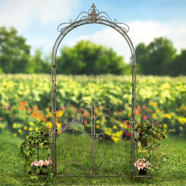 Garden Gate Arch with Side Plant Stands Iron Metal | Vineyard Yard Entrance