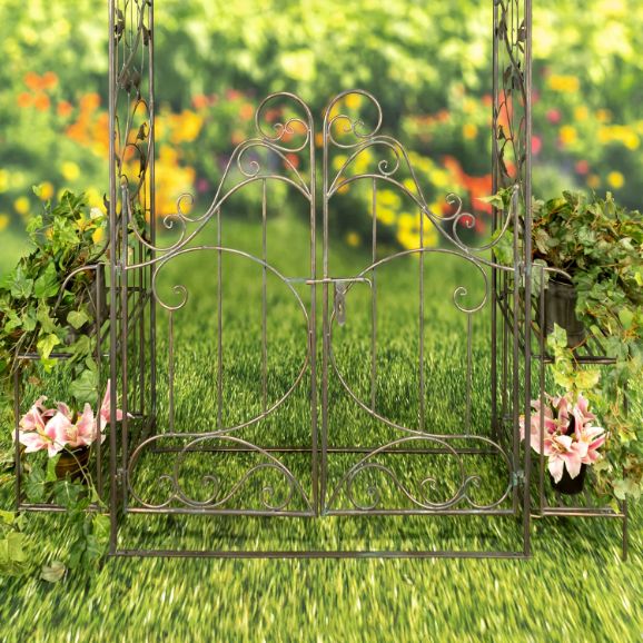 Garden Gate Arch with Side Plant Stands Iron Metal | Vineyard Yard Entrance