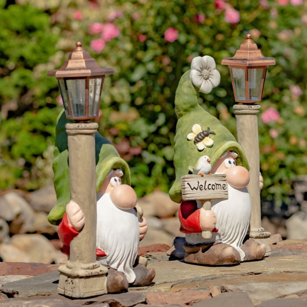 Welcome Garden Gnomes with Solar Lantern Light Posts | Set of 2