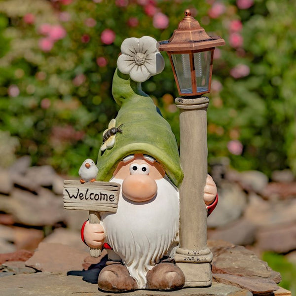 Welcome Garden Gnomes with Solar Lantern Light Posts | Set of 2