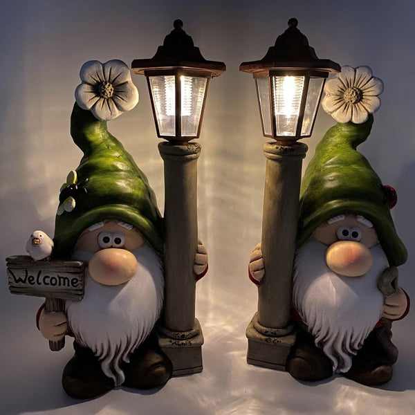 Welcome Garden Gnomes with Solar Lantern Light Posts | Set of 2